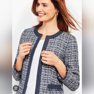 Chambray-Trim Tweed Jacket Blazer
